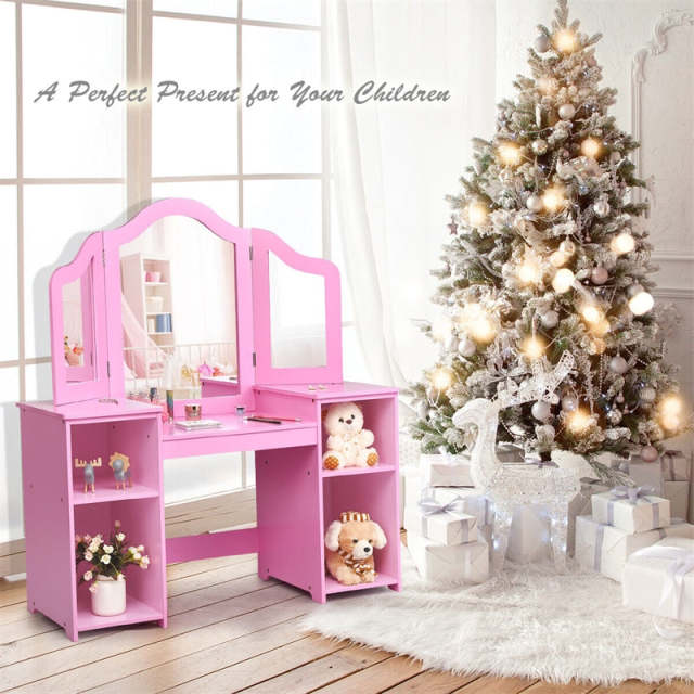 Kids Makeup Vanity Table, 2-in-1 Princess Dressing Table with Tri-folding Detachable Mirror & Storage Shelves, Pretend Play Girls Study Desk