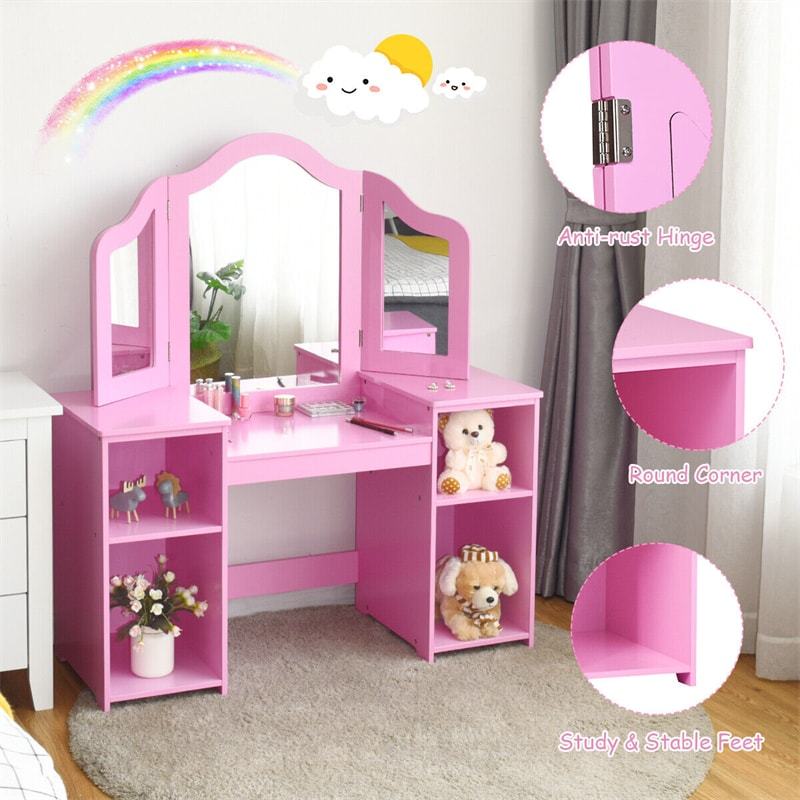 Kids Makeup Vanity Table, 2-in-1 Princess Dressing Table with Tri-folding Detachable Mirror & Storage Shelves, Pretend Play Girls Study Desk