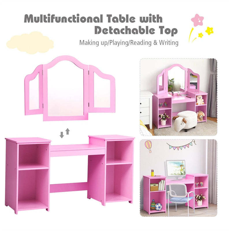 Kids Makeup Vanity Table, 2-in-1 Princess Dressing Table with Tri-folding Detachable Mirror & Storage Shelves, Pretend Play Girls Study Desk