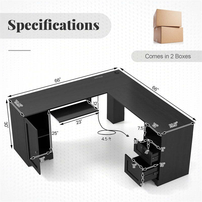 66" L-Shaped Office Desk, Modern Executive Corner Computer Desk with Power Outlets, Storage, Adjustable Shelf, Keyboard Tray for Working Writing