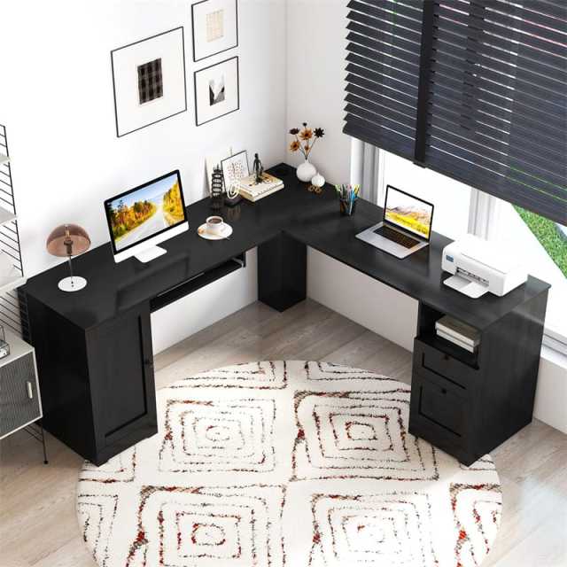 66" L-Shaped Office Desk, Modern Executive Corner Computer Desk with Power Outlets, Storage, Adjustable Shelf, Keyboard Tray for Working Writing