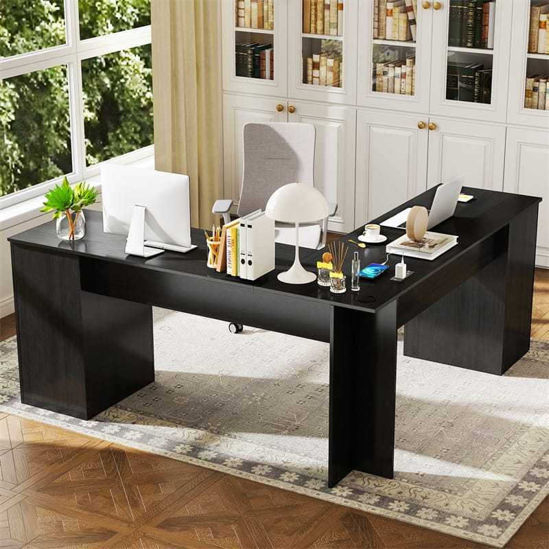 66" L-Shaped Office Desk, Modern Executive Corner Computer Desk with Power Outlets, Storage, Adjustable Shelf, Keyboard Tray for Working Writing
