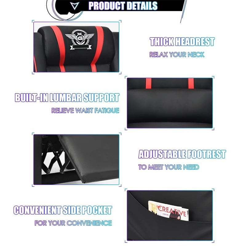 Gaming Recliner PU Leather Massage Gaming Chair with Adjustable Footrest, Side Pocket & Remote, Racing Style Single Theater Seat Game Sofa