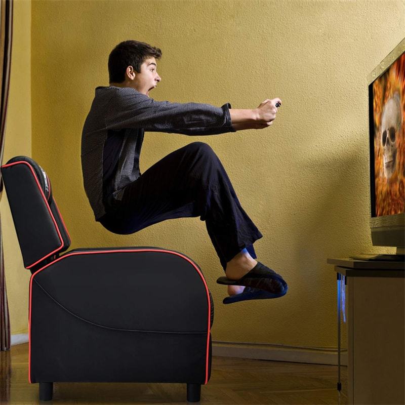 Gaming Recliner PU Leather Massage Gaming Chair with Adjustable Footrest, Side Pocket & Remote, Racing Style Single Theater Seat Game Sofa