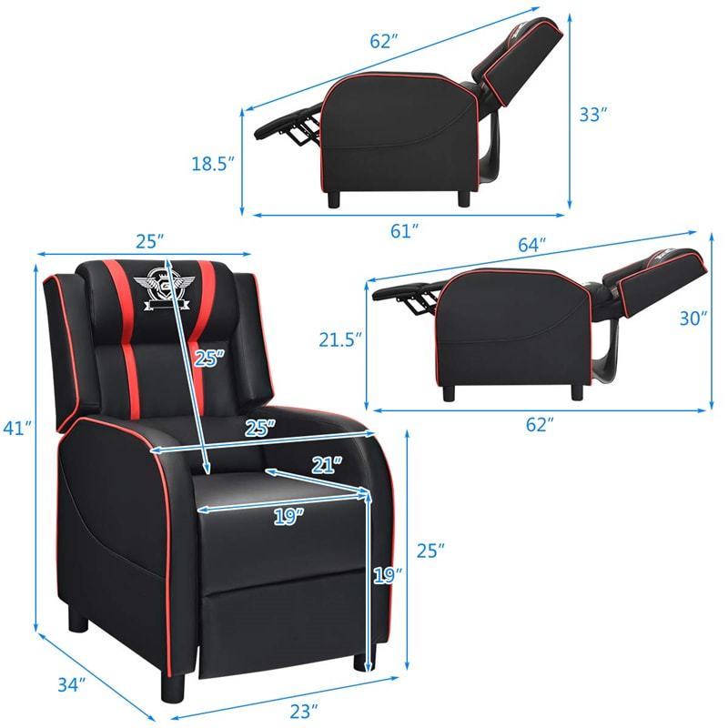 Gaming Recliner PU Leather Massage Gaming Chair with Adjustable Footrest, Side Pocket & Remote, Racing Style Single Theater Seat Game Sofa