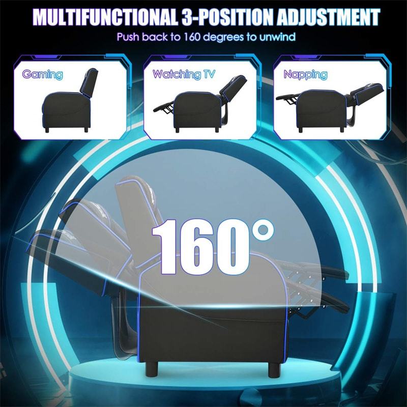 Gaming Recliner PU Leather Massage Gaming Chair with Adjustable Footrest, Side Pocket & Remote, Racing Style Single Theater Seat Game Sofa