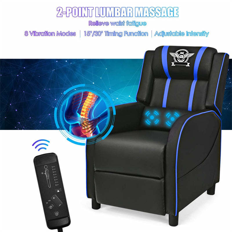 Gaming Recliner PU Leather Massage Gaming Chair with Adjustable Footrest, Side Pocket & Remote, Racing Style Single Theater Seat Game Sofa