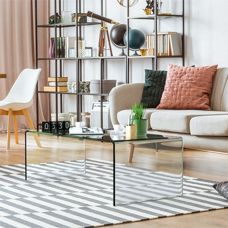 Glass Coffee Table, 42" x 19.7" Clear Tempered Glass End Table Waterfall Table with Rounded Edges, Modern Accent Table for Living Room Home Furniture