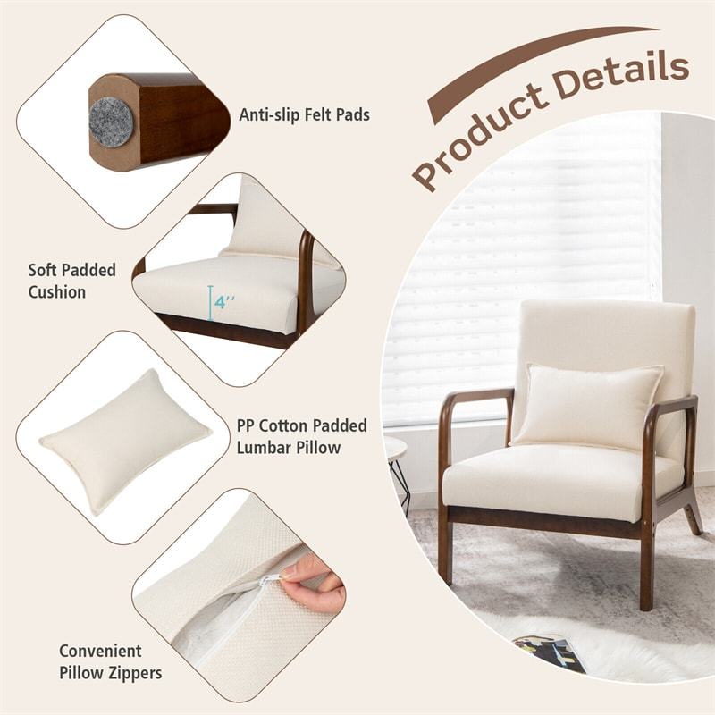 Modern Accent Chair, Upholstered Leisure Armchair with Lumbar Pillow, Rubber Wood Frame, Soft Padded Cushion for Living Room, Bedroom, Office