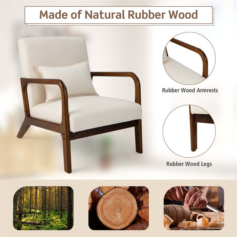 Modern Accent Chair, Upholstered Leisure Armchair with Lumbar Pillow, Rubber Wood Frame, Soft Padded Cushion for Living Room, Bedroom, Office