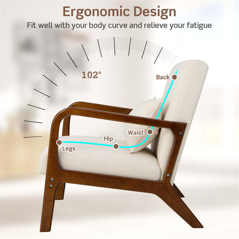 Modern Accent Chair, Upholstered Leisure Armchair with Lumbar Pillow, Rubber Wood Frame, Soft Padded Cushion for Living Room, Bedroom, Office