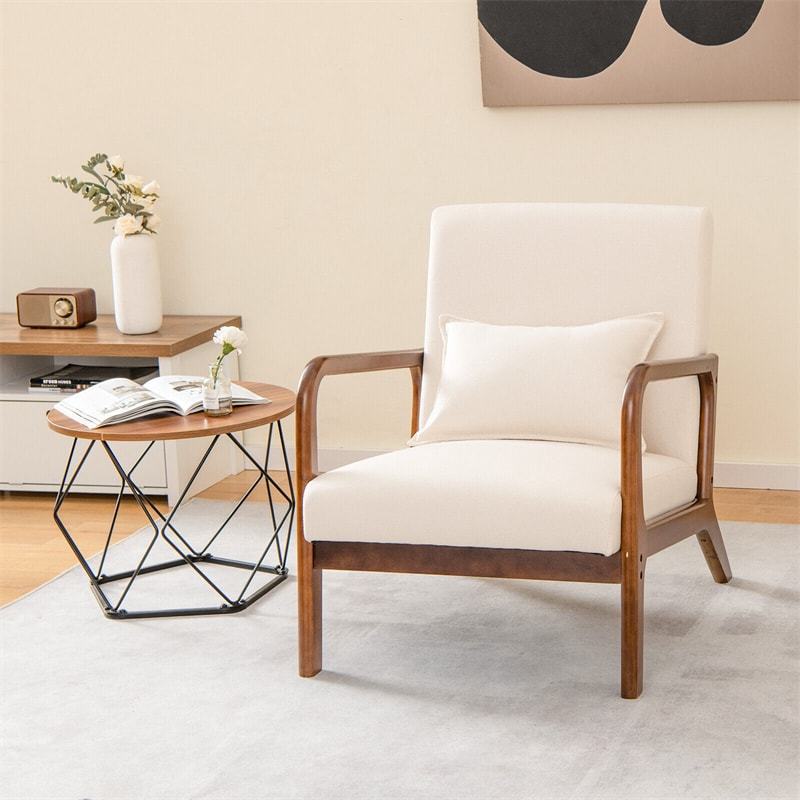Modern Accent Chair, Upholstered Leisure Armchair with Lumbar Pillow, Rubber Wood Frame, Soft Padded Cushion for Living Room, Bedroom, Office