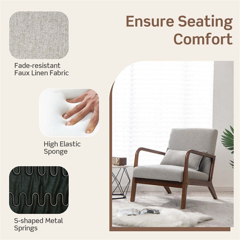 Modern Accent Chair, Upholstered Leisure Armchair with Lumbar Pillow, Rubber Wood Frame, Soft Padded Cushion for Living Room, Bedroom, Office
