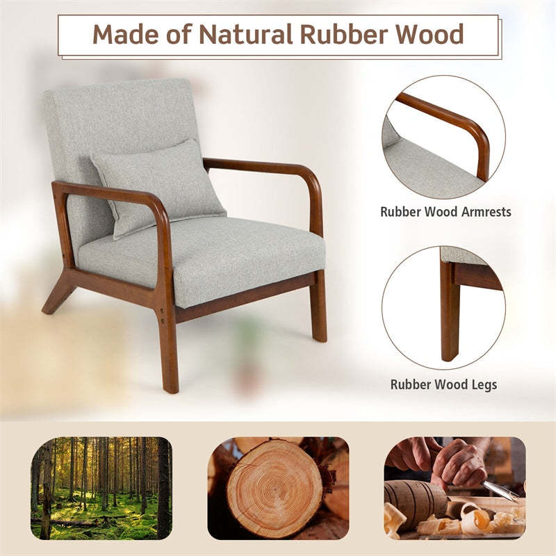 Modern Accent Chair, Upholstered Leisure Armchair with Lumbar Pillow, Rubber Wood Frame, Soft Padded Cushion for Living Room, Bedroom, Office