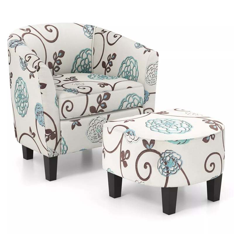 Small Accent Chair & Ottoman Set, Upholstered Barrel Chair with Solid Wood Legs, Modern Round Accent Armchair for Living Room & Bedroom