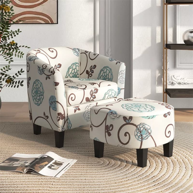 Small Accent Chair & Ottoman Set, Upholstered Barrel Chair with Solid Wood Legs, Modern Round Accent Armchair for Living Room & Bedroom