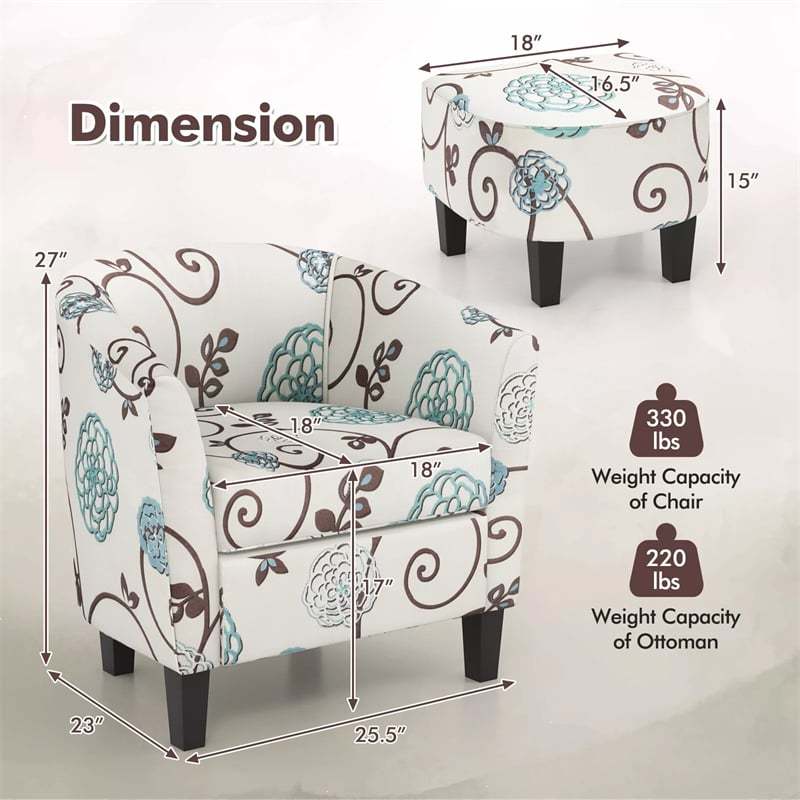 Small Accent Chair & Ottoman Set, Upholstered Barrel Chair with Solid Wood Legs, Modern Round Accent Armchair for Living Room & Bedroom