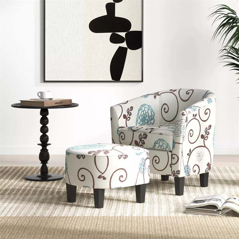 Small Accent Chair & Ottoman Set, Upholstered Barrel Chair with Solid Wood Legs, Modern Round Accent Armchair for Living Room & Bedroom