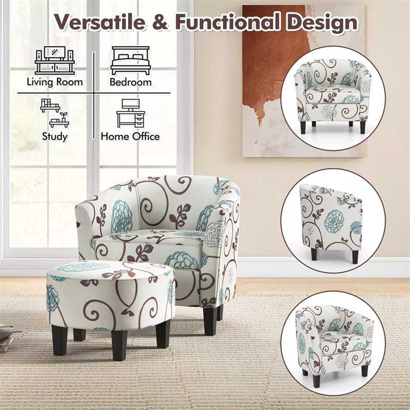 Small Accent Chair & Ottoman Set, Upholstered Barrel Chair with Solid Wood Legs, Modern Round Accent Armchair for Living Room & Bedroom