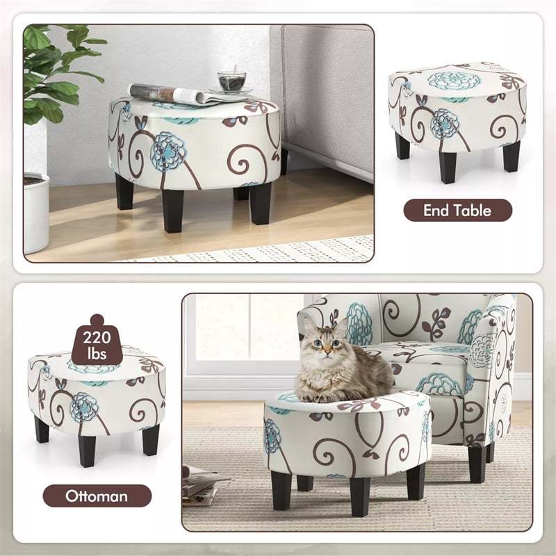 Small Accent Chair & Ottoman Set, Upholstered Barrel Chair with Solid Wood Legs, Modern Round Accent Armchair for Living Room & Bedroom