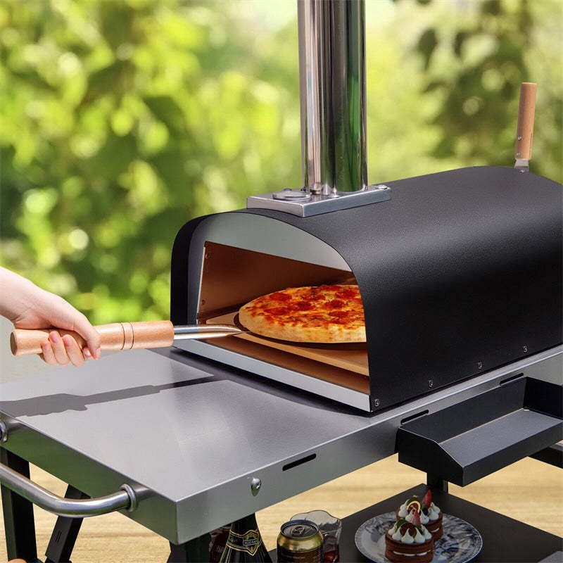 Multi-Fuel Outdoor Pizza Oven, Portable Propane & Wood Fired Pizza Maker with 13" Pizza Stone & Built-In Thermometer for Backyard, Camping Parties