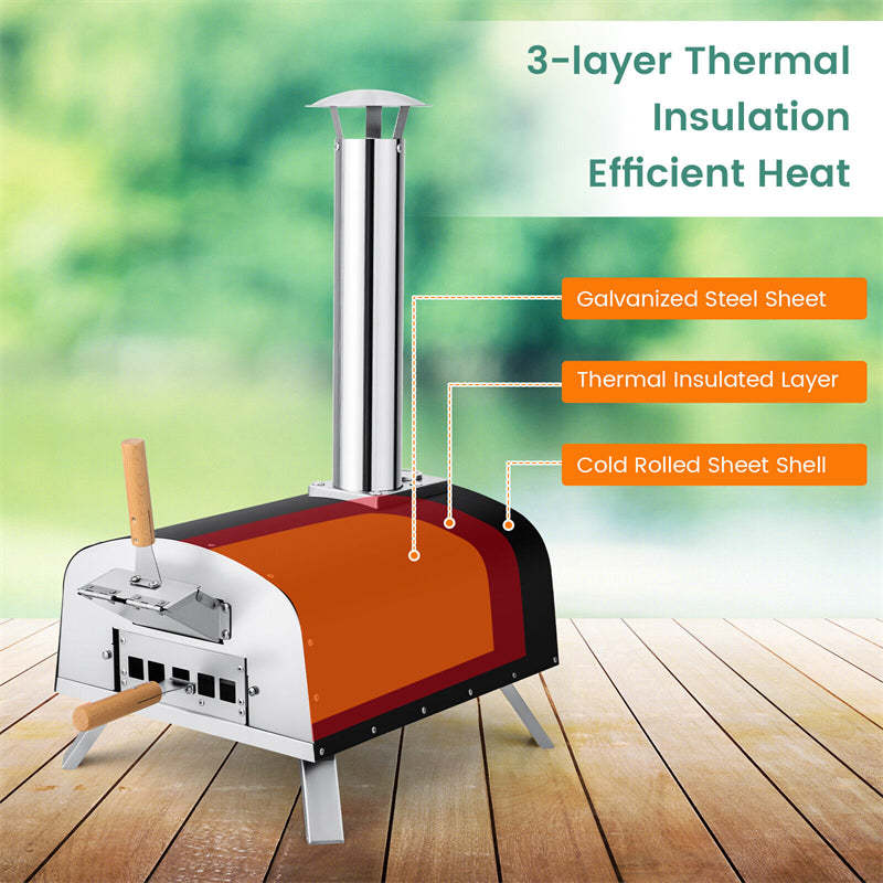 Multi-Fuel Outdoor Pizza Oven, Portable Propane & Wood Fired Pizza Maker with 13" Pizza Stone & Built-In Thermometer for Backyard, Camping Parties
