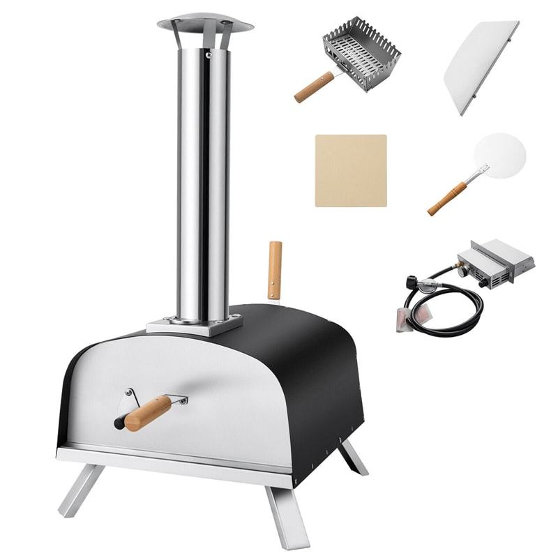 Multi-Fuel Outdoor Pizza Oven, Portable Propane & Wood Fired Pizza Maker with 13" Pizza Stone & Built-In Thermometer for Backyard, Camping Parties
