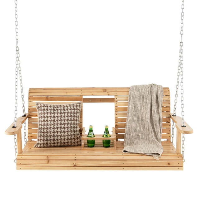 2-Seat Wood Porch Swing with Adjustable Chains & Foldable Cup Holders, Outdoor Hanging Swing Bench for Backyard, Porch, Garden