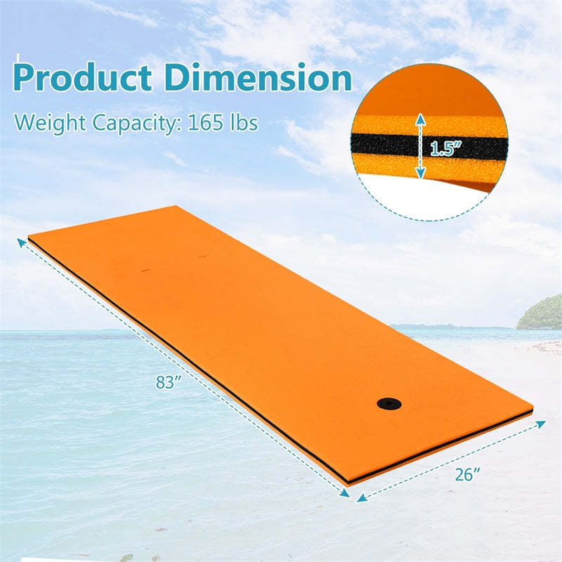 83"x26" Floating Water Pad, 3-Layer Tear-Resistant XPE Foam Water Mat with Rolling Pillow for Pool/Lake/Ocean, Adults & Family Use