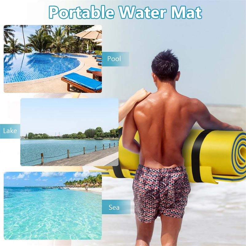 83"x26" Floating Water Pad, 3-Layer Tear-Resistant XPE Foam Water Mat with Rolling Pillow for Pool/Lake/Ocean, Adults & Family Use