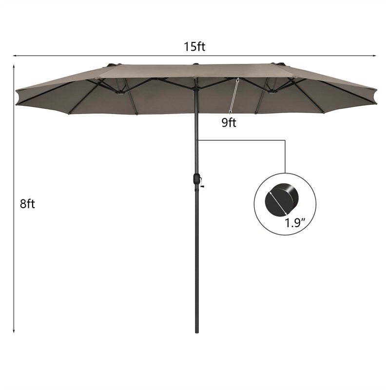 15FT Double-Sided Patio Umbrella with Crank & Air Vents, 12-Rib Steel Market Outdoor Umbrella for Poolside, Garden, Backyard