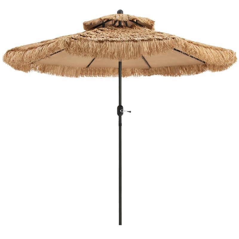 9FT Thatched Tiki Patio Umbrella with 8 Ribs, Tilt Adjustment & Crank, 2-Tier Hawaiian Style Grass Beach Umbrella for Poolside, Backyard, Deck