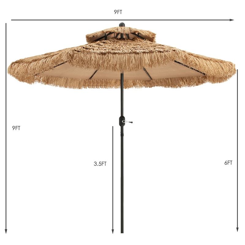9FT Thatched Tiki Patio Umbrella with 8 Ribs, Tilt Adjustment & Crank, 2-Tier Hawaiian Style Grass Beach Umbrella for Poolside, Backyard, Deck