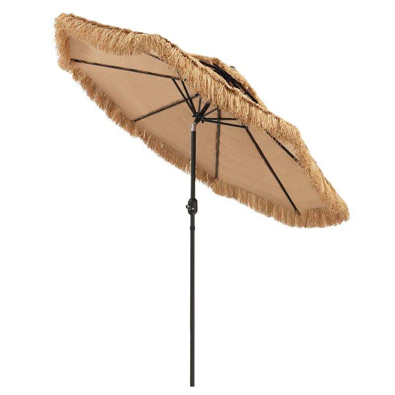 9FT Thatched Tiki Patio Umbrella with 8 Ribs, Tilt Adjustment & Crank, 2-Tier Hawaiian Style Grass Beach Umbrella for Poolside, Backyard, Deck