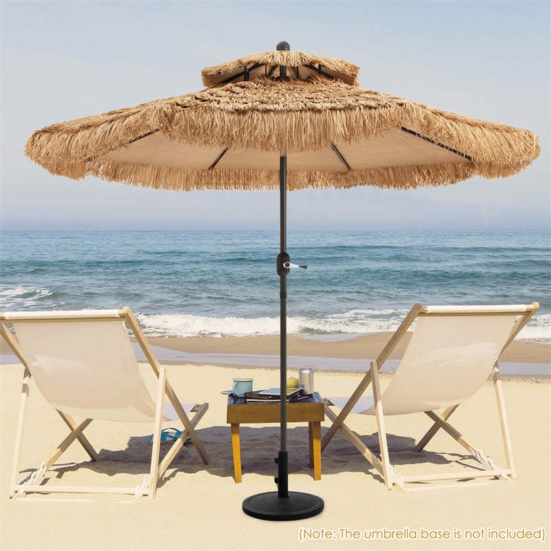 9FT Thatched Tiki Patio Umbrella with 8 Ribs, Tilt Adjustment & Crank, 2-Tier Hawaiian Style Grass Beach Umbrella for Poolside, Backyard, Deck