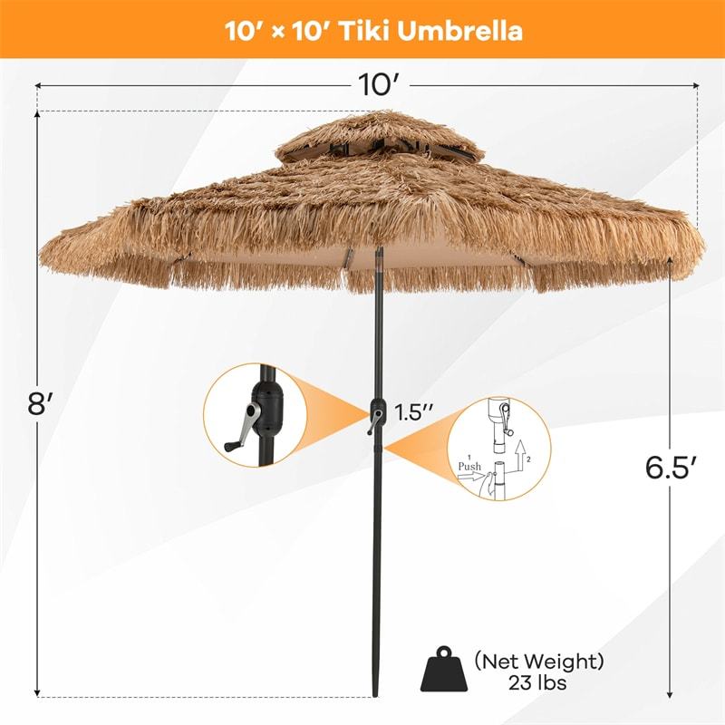 10FT Thatched Tiki Patio Umbrella with 32 Solar LED Lights, 2 Tier Hawaiian Style Grass Beach Umbrella with Tilt Adjustment & Crank for Poolside, Deck
