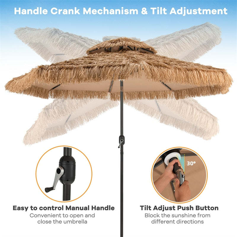 10FT Thatched Tiki Patio Umbrella with 32 Solar LED Lights, 2 Tier Hawaiian Style Grass Beach Umbrella with Tilt Adjustment & Crank for Poolside, Deck