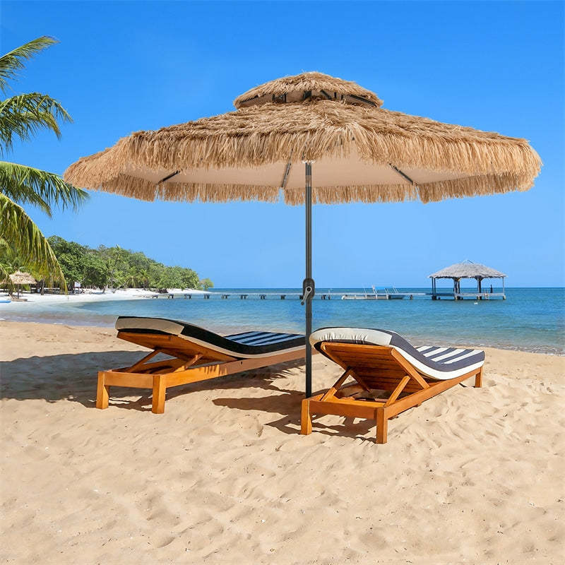10FT Thatched Tiki Patio Umbrella with 32 Solar LED Lights, 2 Tier Hawaiian Style Grass Beach Umbrella with Tilt Adjustment & Crank for Poolside, Deck