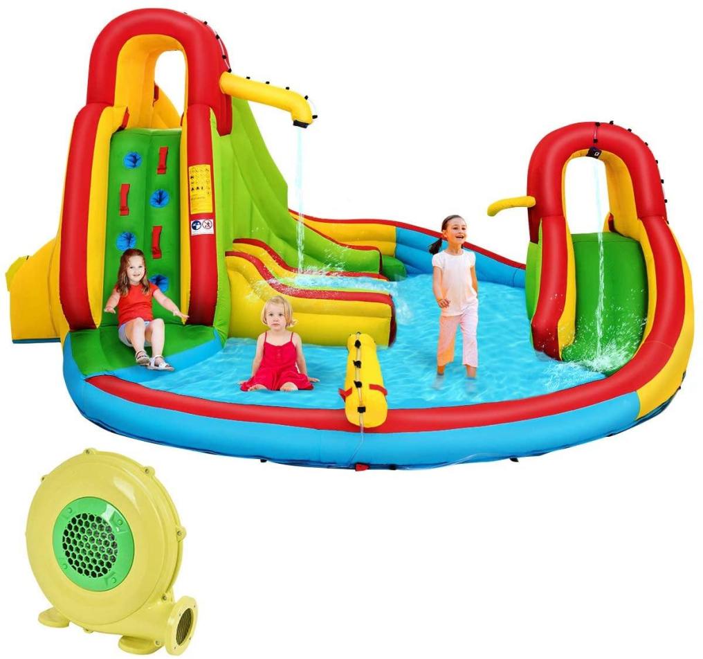 Inflatable Water Slide, 7 in 1 Kids Mega Dual Racing Slide Water Park w/480W Blower, Large Splash Pool, Climbing Wall & Water Cannon for Backyard Fun