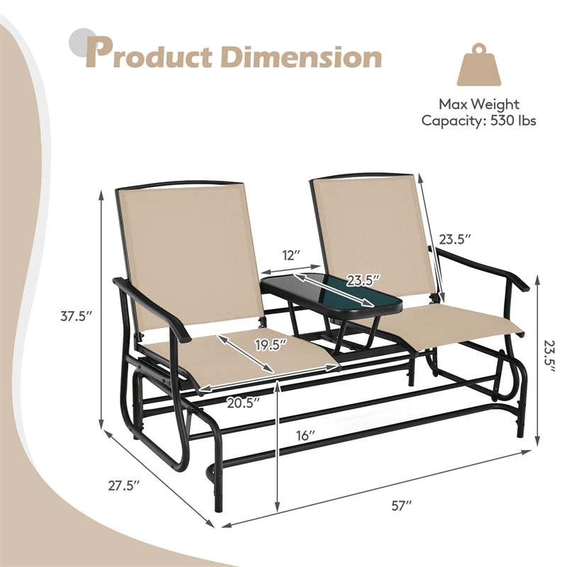 2-Person Outdoor Glider Chair with Center Tempered Glass Table, Steel Frame & Breathable Mesh, Patio Rocking Bench for Porch Garden Poolside