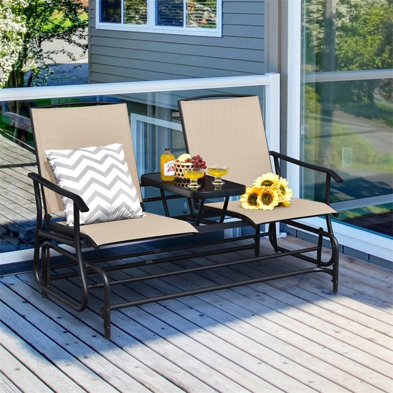 2-Person Outdoor Glider Chair with Center Tempered Glass Table, Steel Frame & Breathable Mesh, Patio Rocking Bench for Porch Garden Poolside