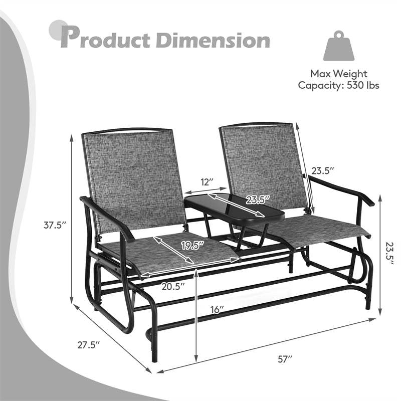 2-Person Outdoor Glider Chair with Center Tempered Glass Table, Steel Frame & Breathable Mesh, Patio Rocking Bench for Porch Garden Poolside