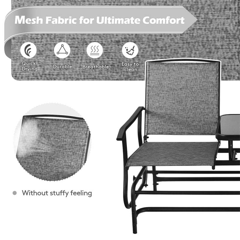2-Person Outdoor Glider Chair with Center Tempered Glass Table, Steel Frame & Breathable Mesh, Patio Rocking Bench for Porch Garden Poolside