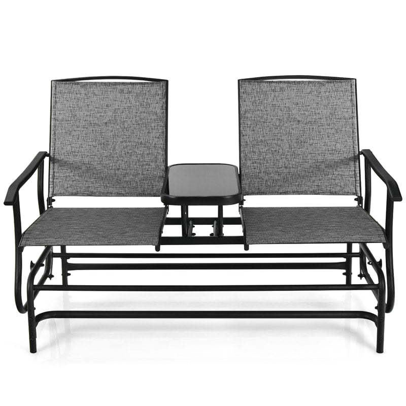 2-Person Outdoor Glider Chair with Center Tempered Glass Table, Steel Frame & Breathable Mesh, Patio Rocking Bench for Porch Garden Poolside