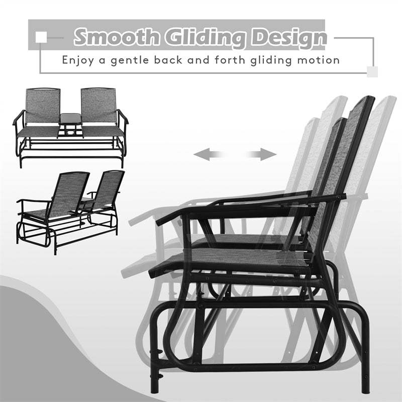 2-Person Outdoor Glider Chair with Center Tempered Glass Table, Steel Frame & Breathable Mesh, Patio Rocking Bench for Porch Garden Poolside