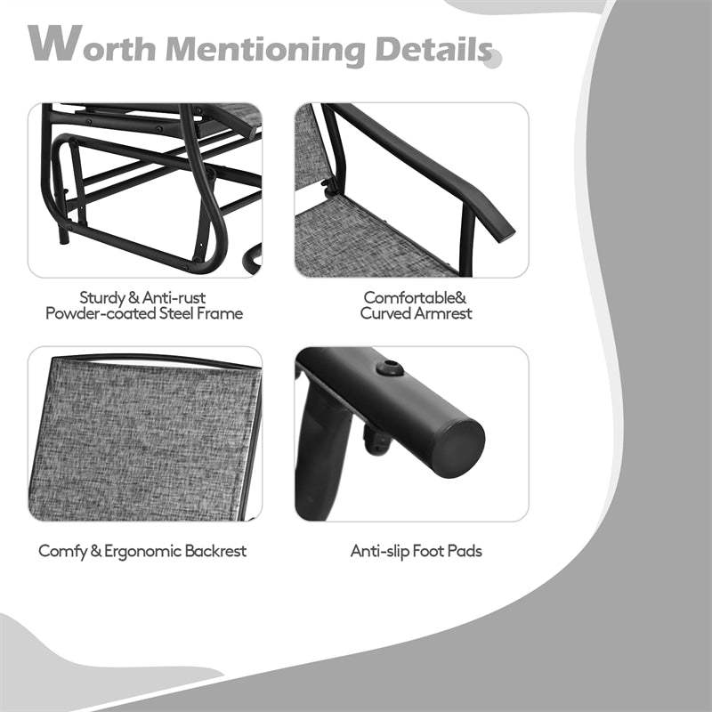 2-Person Outdoor Glider Chair with Center Tempered Glass Table, Steel Frame & Breathable Mesh, Patio Rocking Bench for Porch Garden Poolside