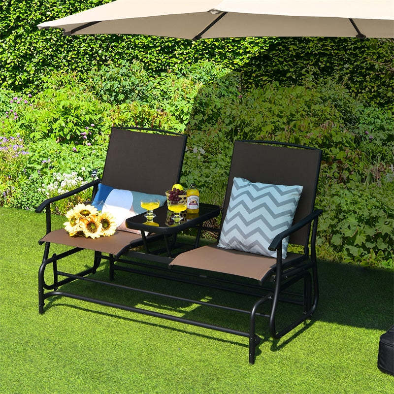 2-Person Outdoor Glider Chair with Center Tempered Glass Table, Steel Frame & Breathable Mesh, Patio Rocking Bench for Porch Garden Poolside