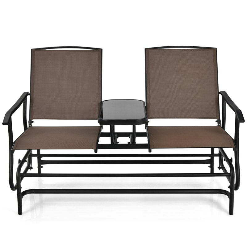 2-Person Outdoor Glider Chair with Center Tempered Glass Table, Steel Frame & Breathable Mesh, Patio Rocking Bench for Porch Garden Poolside