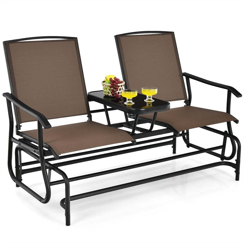 2-Person Outdoor Glider Chair with Center Tempered Glass Table, Steel Frame & Breathable Mesh, Patio Rocking Bench for Porch Garden Poolside