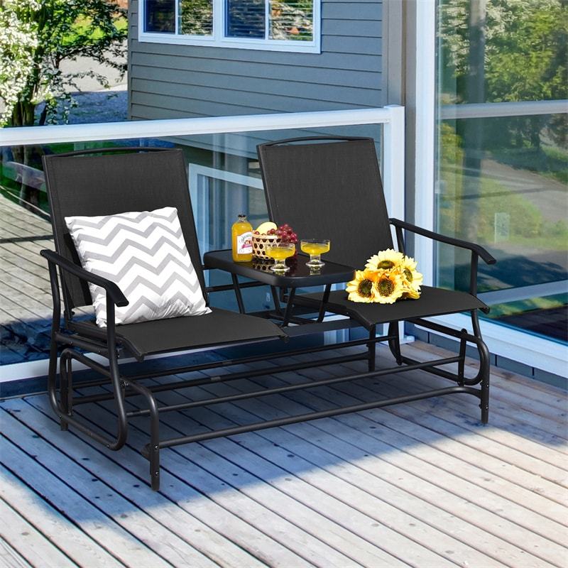 2-Person Outdoor Glider Chair with Center Tempered Glass Table, Steel Frame & Breathable Mesh, Patio Rocking Bench for Porch Garden Poolside